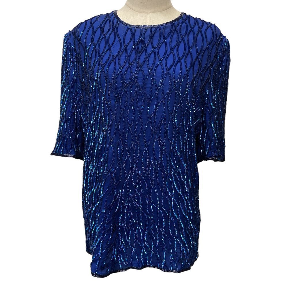 Vintage Scala Sequin Beaded Silk Structured Blouse Cobalt Blue Plus Size 1X